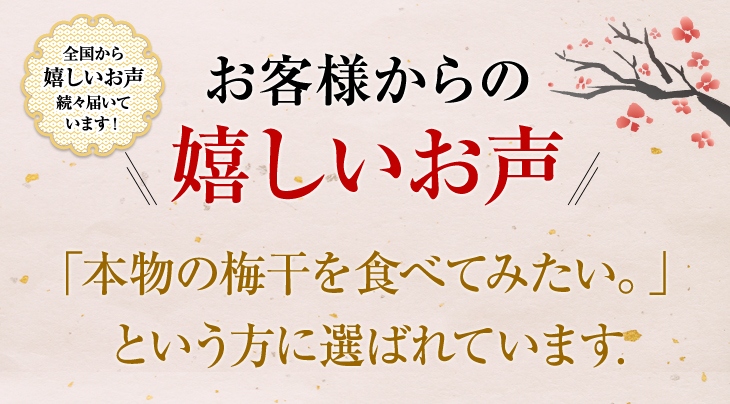 全国から続々届いています！お客様からの嬉しいお声。「本当の梅干を食べてみたい。」という方に選ばれています。